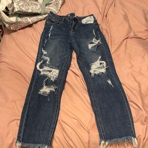 Trendy Distressed Women's Cropped Jeans in Classic Blue
